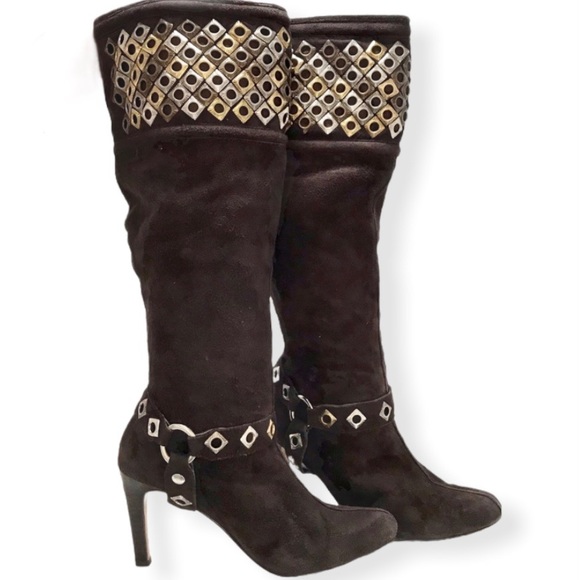 Kathy Van Zeeland Shoes - Kathy Van Zeeland Leann Brown Suede Boho Metal Studded Strapped Tall Boots Sz 6